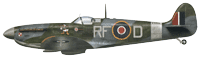 Side view of a Second World War-era British Supermarine Spitfire fighter aeroplane with camouflage paint and RAF roundels.