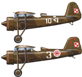 Side view of two brown Second World War-era Polish fighter aeroplanes with visible markings, numbers 10 and 3, on a grey background.