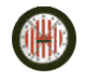 A circular compass with a dark green outer ring, directional markings, and red stripes in the centre. The needle points slightly north-east.