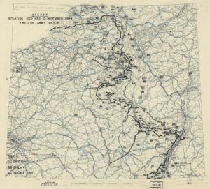 A detailed military map titled "Situation 2200 HRS 25 December 1944, Twelfth Army Group," showing troop positions, front lines, and geographical features in Europe.