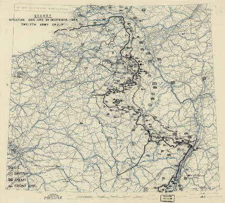 A detailed military map titled "Situation 2200 HRS 25 December 1944, Twelfth Army Group," showing troop positions, front lines, and geographical features in Europe.