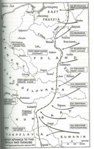 Black and white map showing Soviet troop movements into Eastern Europe in 1944, including Poland, Czechoslovakia, Hungary, and Romania, with labelled army fronts and major cities.