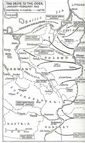 A black-and-white map showing Soviet military advances towards the Oder River through Poland and Germany from January to February 1945 during the Second World War.