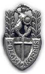 A metallic badge featuring a mermaid with a sword and shield above a cross and the inscription "POLSKI KORPUS.