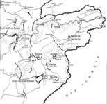 Black and white map outlining the borders and major cities of Afghanistan, with neighbouring countries and some geographical features labelled.