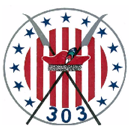 A circular emblem with red and white vertical stripes, a red mouth, two crossed spears, blue stars around the edge, and the number 303 at the bottom.