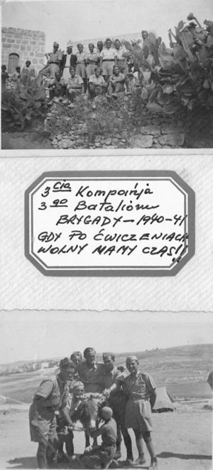 Black-and-white photos of soldiers outdoors, with a handwritten note between the images identifying them as members of a battalion from 1940-41 during military exercises.