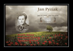 A commemorative image for Jan Pyziak featuring his portrait, dates of birth and death, military insignia, and a field of poppies under a cloudy sky with a single tree.