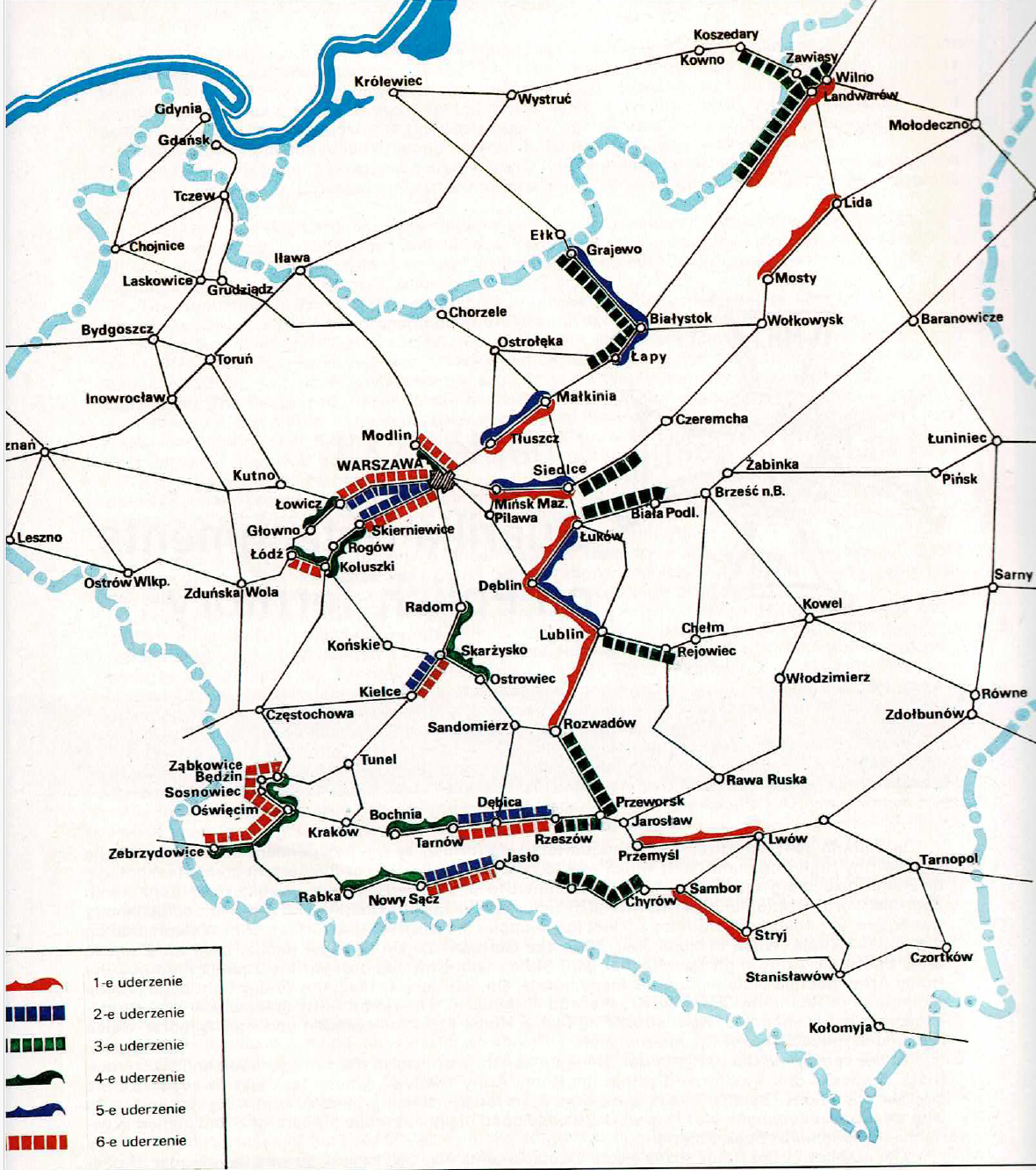 A map of Poland showing major cities, railways, and six colour-coded military strike directions with corresponding legends at the bottom left.
