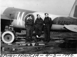 Three uniformed men stand in front of a military aeroplane labelled "P7337" at Epinoy, France on 4 March 1945. Handwritten caption visible at the bottom of the photo.