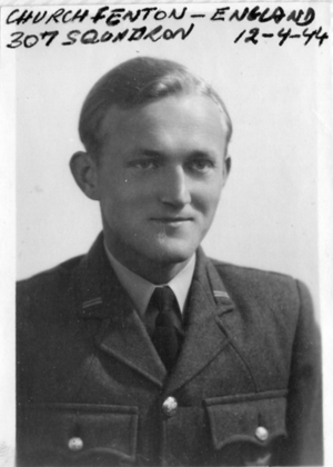 Black and white portrait of a man in a military uniform. Handwritten text above reads: "Church Fenton – England, 307 Squadron, 12-4-44.