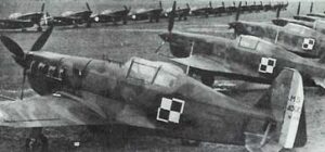 Several Second World War-era military aircraft with Polish Air Force chequerboard insignia are parked in rows on an airfield.