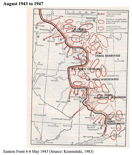 Map showing the Eastern Front in May 1943, with front lines and military positions marked in red across parts of Poland, Ukraine, and western Russia.