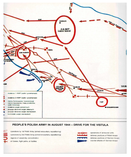 Map showing troop movements and battle locations of the People's Polish Army during the August 1944 drive for the Vistula in the Second World War, with colour-coded unit and operation symbols.