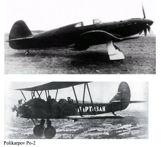 Two black and white photos: the top shows a single-engined monoplane on the ground; the bottom shows a biplane with two people on board in flight, labelled "PARTIZAN" on the fuselage.