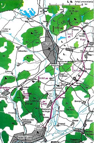 A map showing the Belfort region in France, with towns, roads, rivers, and forested areas highlighted in green, and military fortifications marked.