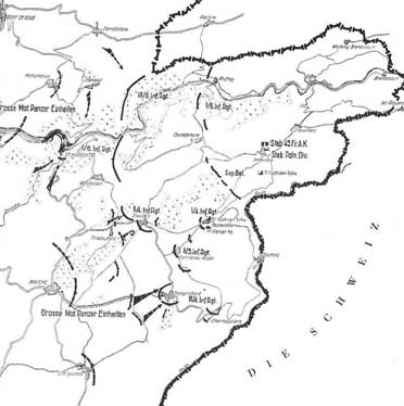 Black and white map showing military unit positions and movements near the Swiss border, with labelled divisions and geographic features.