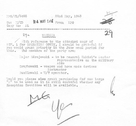 A typewritten 1943 memo regarding party members for Operation Coway, listing names and roles, with handwritten notes and signatures at the bottom.