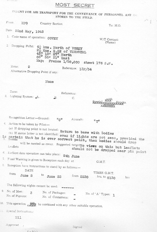 Typed military document dated 22 May 1943, detailing an air transport operation including coordinates, drop details, instructions, and a map reference. Stamped "MOST SECRET" at the top.