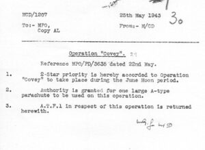 Typewritten military memo dated 25 May 1943, authorising Operation "Covey" to occur during the June Moon period, including use of one A-type parachute.