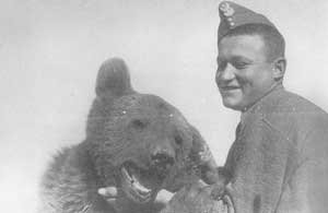 A soldier in uniform smiles and poses next to a bear, which appears friendly and close to him.