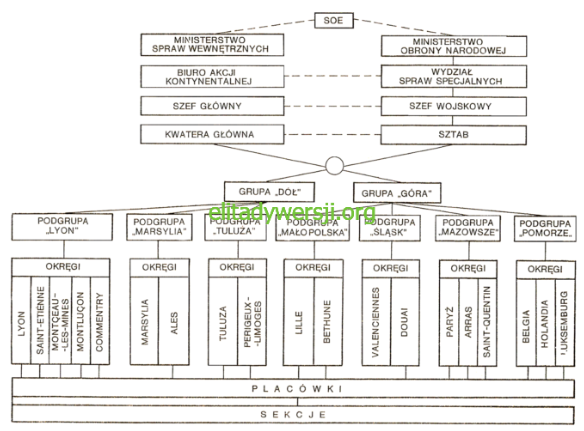 Organisational chart in Polish showing the structure of various ministries, groups, sub-groups, regions, and sections in a hierarchical format.
