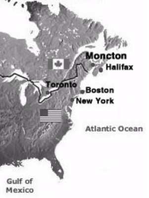 Map showing eastern Canada and northeastern United States with major cities labelled: Moncton, Halifax, Toronto, Boston, New York, and the Gulf of Mexico in the southwest.
