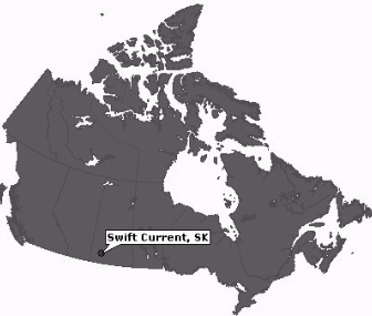 Map of Canada with a label marking the location of Swift Current in the province of Saskatchewan.