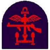 A red emblem of an eagle with outspread wings holding a gun, perched above three missiles, on a dark background.