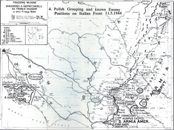 A military map dated 11 May 1944, showing Polish and enemy positions on the Italian Front, with troop placements, frontlines, and geographic markers labelled.