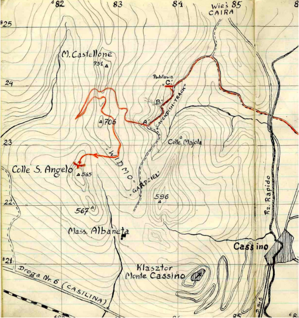Hand-drawn topographic map showing Monte Cassino, surrounding hills, contour lines, marked trails in red, and key points including Cassino town and the Monte Cassino monastery.