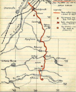 Hand-drawn map showing a route from Castelferretti to Polasco, with landmarks, elevation marks, rivers, and a key detailing different map symbols.