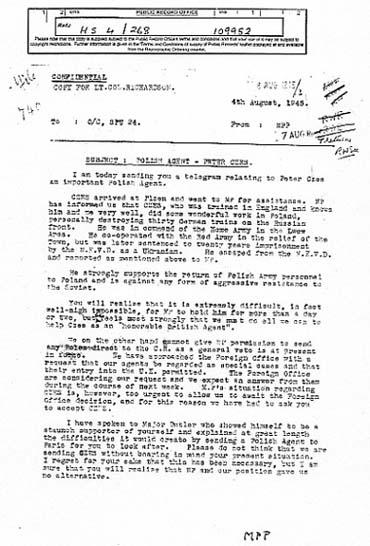 Black and white scan of a confidential typed letter dated 4 August 1949, discussing Polish Army personnel and resistance activities; includes handwritten notes and markings.