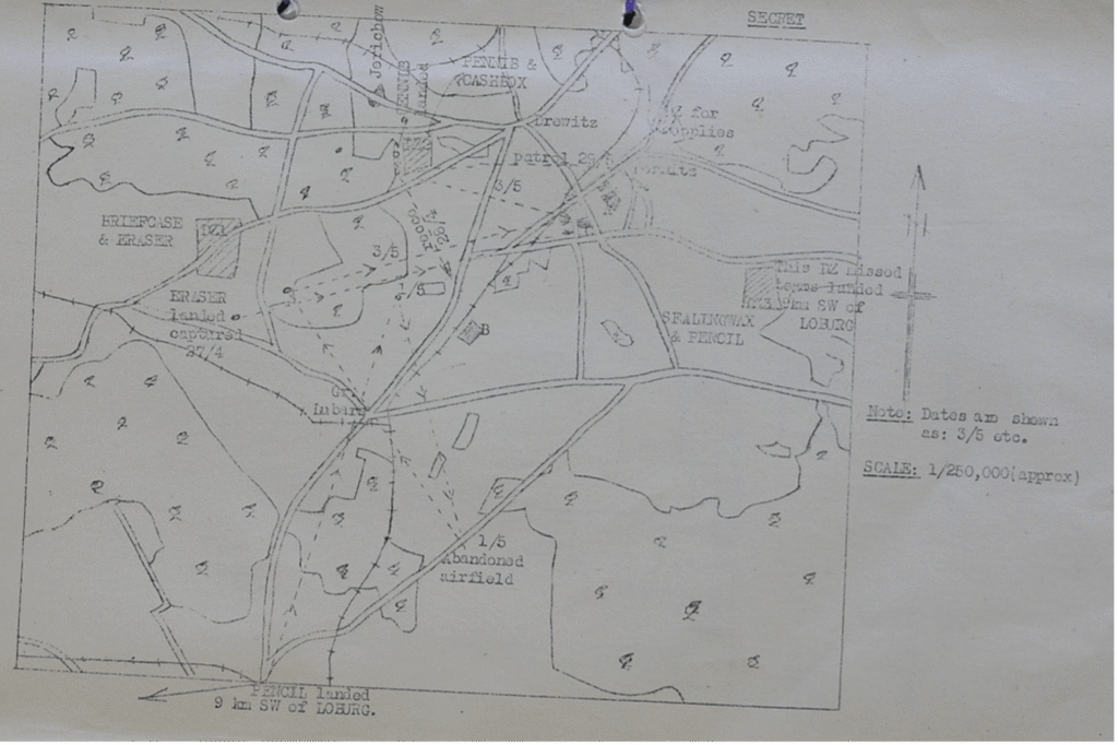 Black and white map labelled "SECRET," showing roads, railways, and various labelled features with a scale of 1:250,000 and contour lines, notes, and a north arrow.