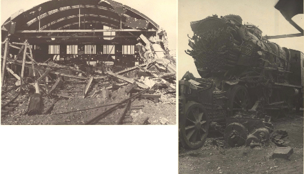 Damaged train depot and derailed train shown in black-and-white photos, illustrating destruction and debris from an apparent accident or disaster.
