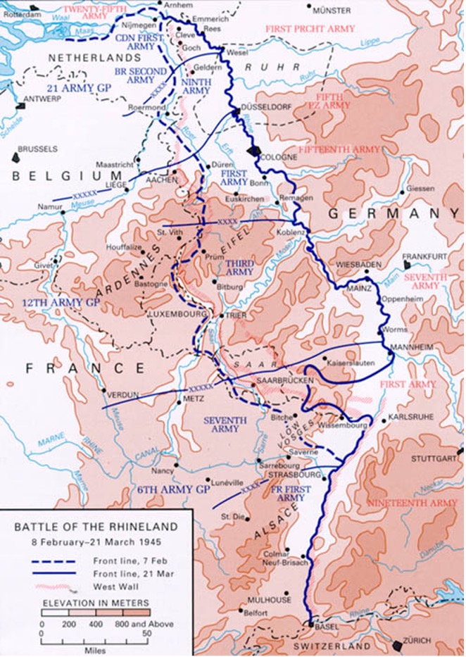 Map of the Battle of the Rhineland (Feb-Mar 1945) showing Allied army movements and front lines across France, Belgium, Netherlands, Germany, and Switzerland with elevation shading.