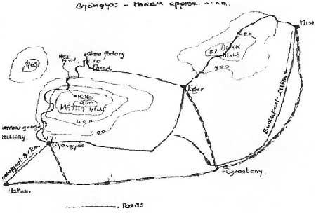 Hand-drawn map showing regions labelled as Mashu Hills, Glow Factory, and other landmarks, with roads and boundaries marked in black lines. Scale bar is included at the bottom.