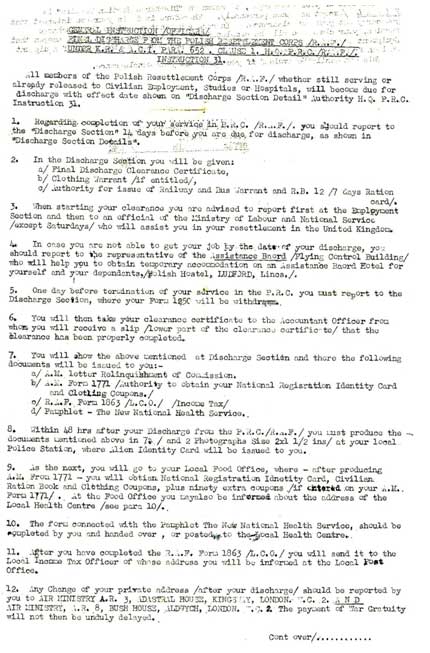 Typewritten document providing instructions for Polish Resettlement Corps members on discharge procedures, including identity cards, clothing, employment, and medical services.