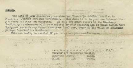 Typewritten letter instructing a servicemember to report to the Discharge Section and collect their equipment account sheet after discharge; document is worn and partially faded.