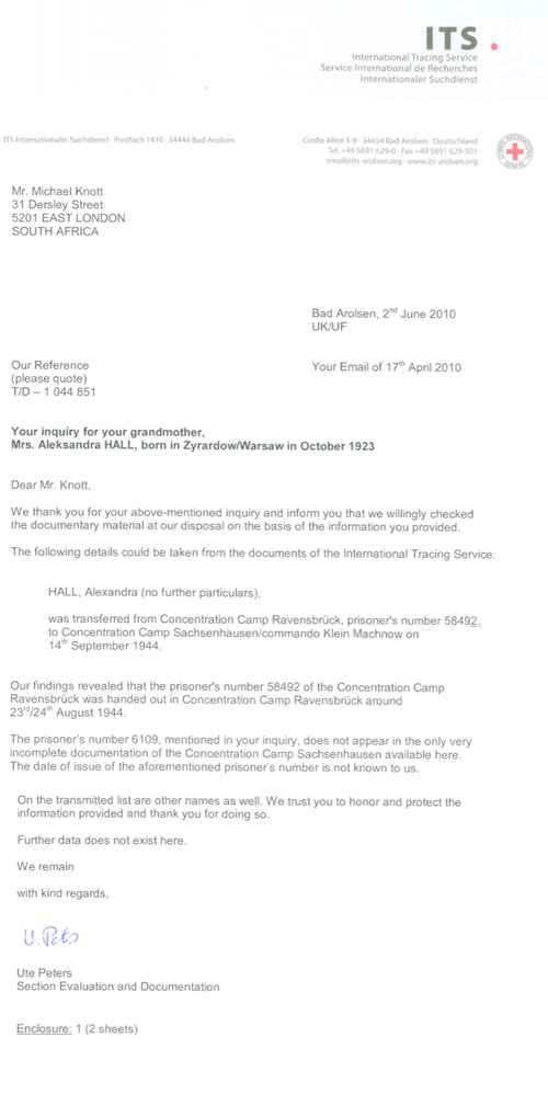 A formal letter from the International Tracing Service in Germany, addressed to Mr Michael Knott in London, detailing results of an enquiry about Aleksandra Hall, a concentration camp prisoner.