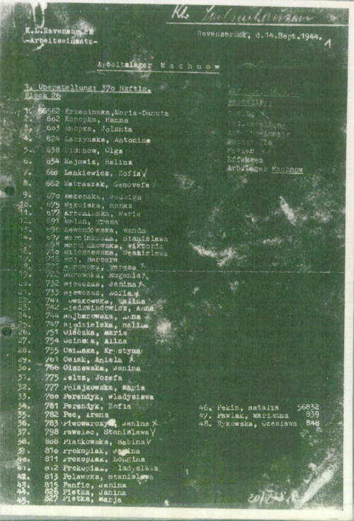 A typed list from 1944 titled "Arbeiterlager Maschense" with names, identification numbers, and columns of details, including handwritten notes and official stamps.