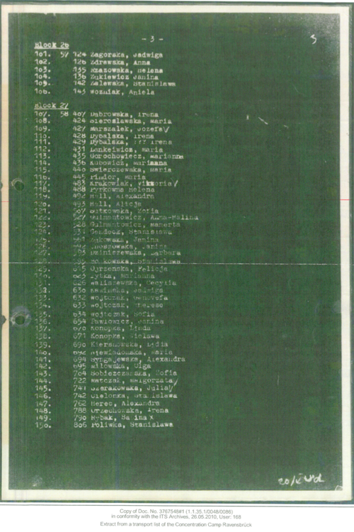 A scanned document lists names, block numbers, and prisoner numbers in typewritten text on a green background, with a notation and signature at the bottom.