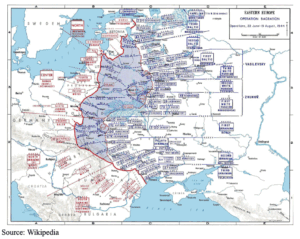 Map showing military positions and movements in Eastern Europe during Operation Bagration (1944), with unit placements and front lines marked in red and blue. Source: Wikipedia.