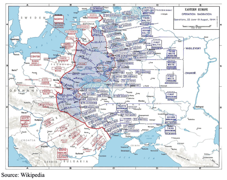 Map showing military positions and movements in Eastern Europe during Operation Bagration (1944), with unit placements and front lines marked in red and blue. Source: Wikipedia.