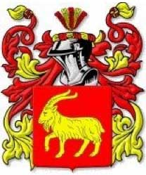 A red and gold heraldic coat of arms featuring a yellow goat on a red shield, with a knight’s helmet and decorative mantling above.