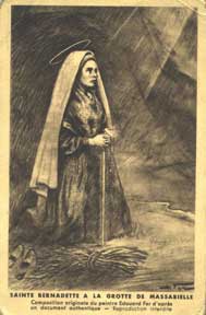 Black and white illustration of Saint Bernadette with a halo, standing and praying at the Grotto of Massabielle, with rays of light shining down.