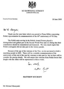 A formal letter from 10 Downing Street dated 18 June 2003 discussing Polish representation in VE Day commemorations, signed by Matthew Rycroft.