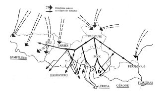 Black and white map with solid and dashed arrows showing movement directions between cities including Toulouse, Foix, Pamplona, Tarbes, Perpignan, Barbastro, Gérone, Lérida, and Figueras.
