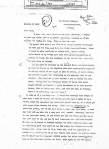 A typewritten letter dated 25 October 1943 discusses wartime experiences and observations, with handwritten notes and stamps visible at the top of the page.