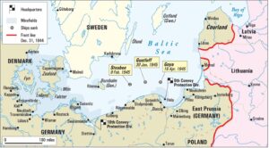 Map of the Baltic Sea in 1945 showing German evacuation routes, minefields, ship sinkings, front lines as of 31 Dec. 1944, and locations of Steuben, Gustloff, and Goya sinkings.